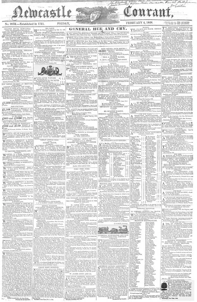 Front page of the Newcastle Courant from 4 February 1848